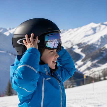 Jeune garçon souriant en veste de ski bleue, casque noir et lunettes colorées, sur une piste avec des montagnes enneigées en arrière-plan.