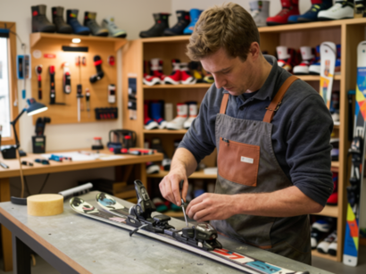 Un homme en tablier ajuste les fixations d'un ski dans un atelier de réparation. Des outils et des chaussures de ski sont en arrière-plan.