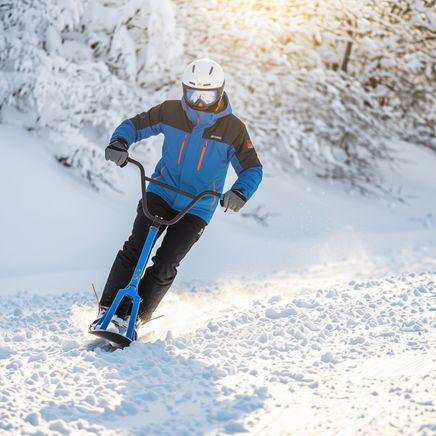Une personne en veste bleue et casque blanc descend une pente enneigée sur un trottinette des neiges, sous un soleil hivernal éclatant.