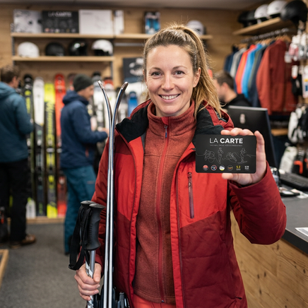 Femme souriante avec des skis et la carte de fidélité « LA CARTE » Sport 2000 dans un magasin de sport d'hiver rempli d'équipement.