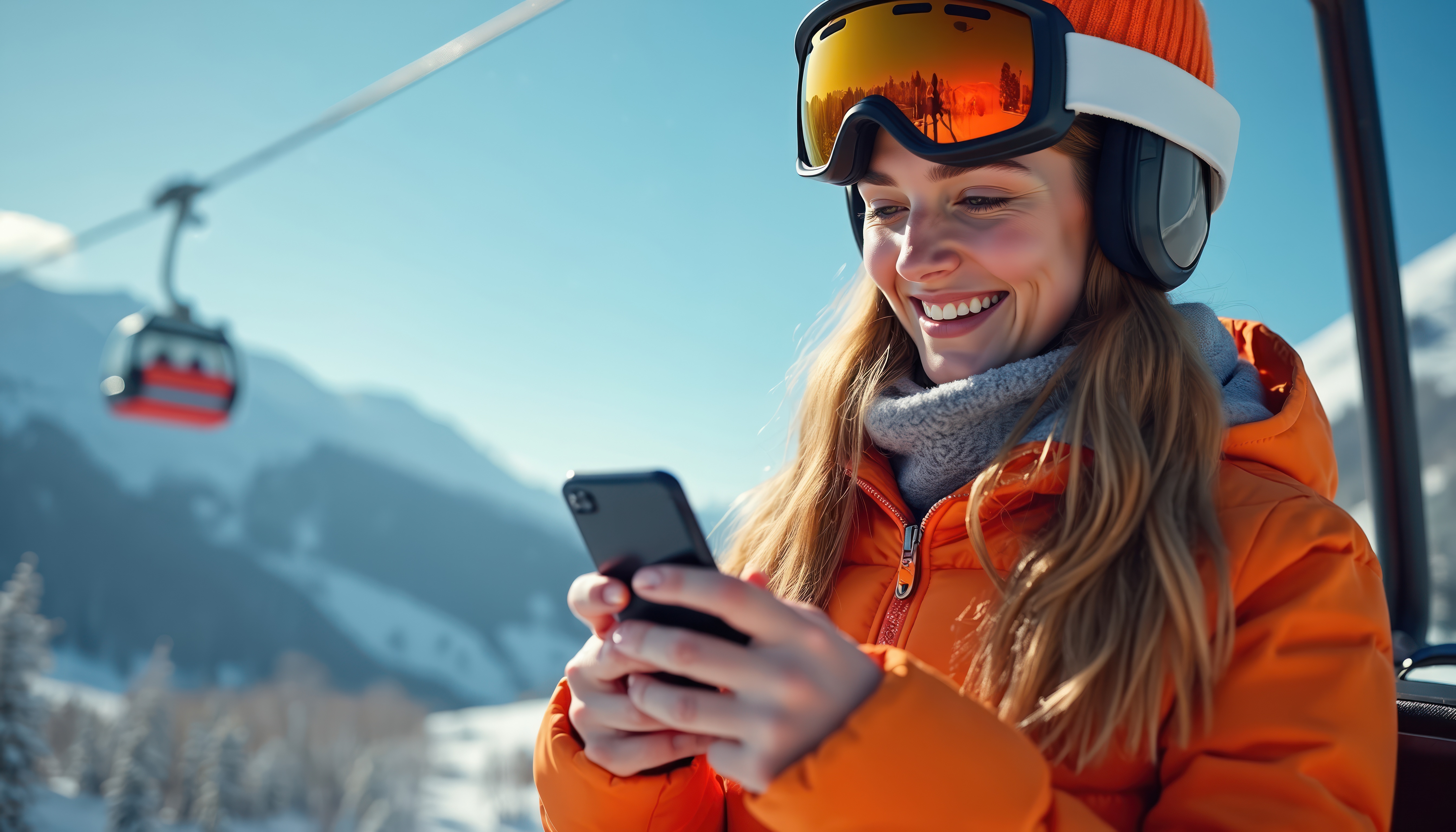 Femme souriante en tenue de ski orange, utilisant son smartphone en télésiège, montagnes enneigées et télécabine en arrière-plan.