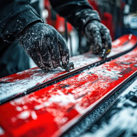 Mains gantées de noir, couvertes de cire blanche, préparant des skis rouges. Cire visible sur les carres et la base.