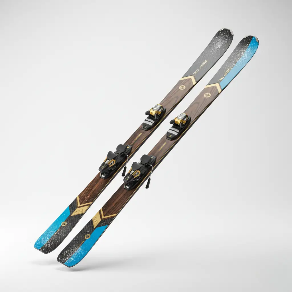 Paire de skis modernes avec un motif grain de bois brun, des accents bleus et dorés, et des fixations noires et dorées sur fond blanc.