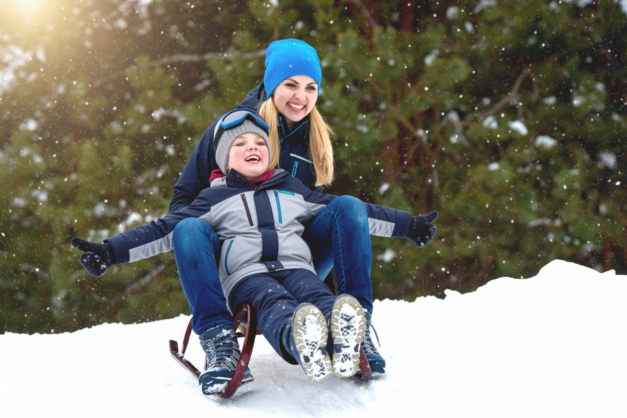 Un enfant en veste bleu est en train de faire de la luge bleu et sourit avec sa maman derrière qui le tient.
