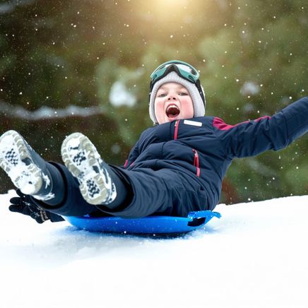 Un enfant en veste bleu est en train de faire de la luge bleu et sourit.
